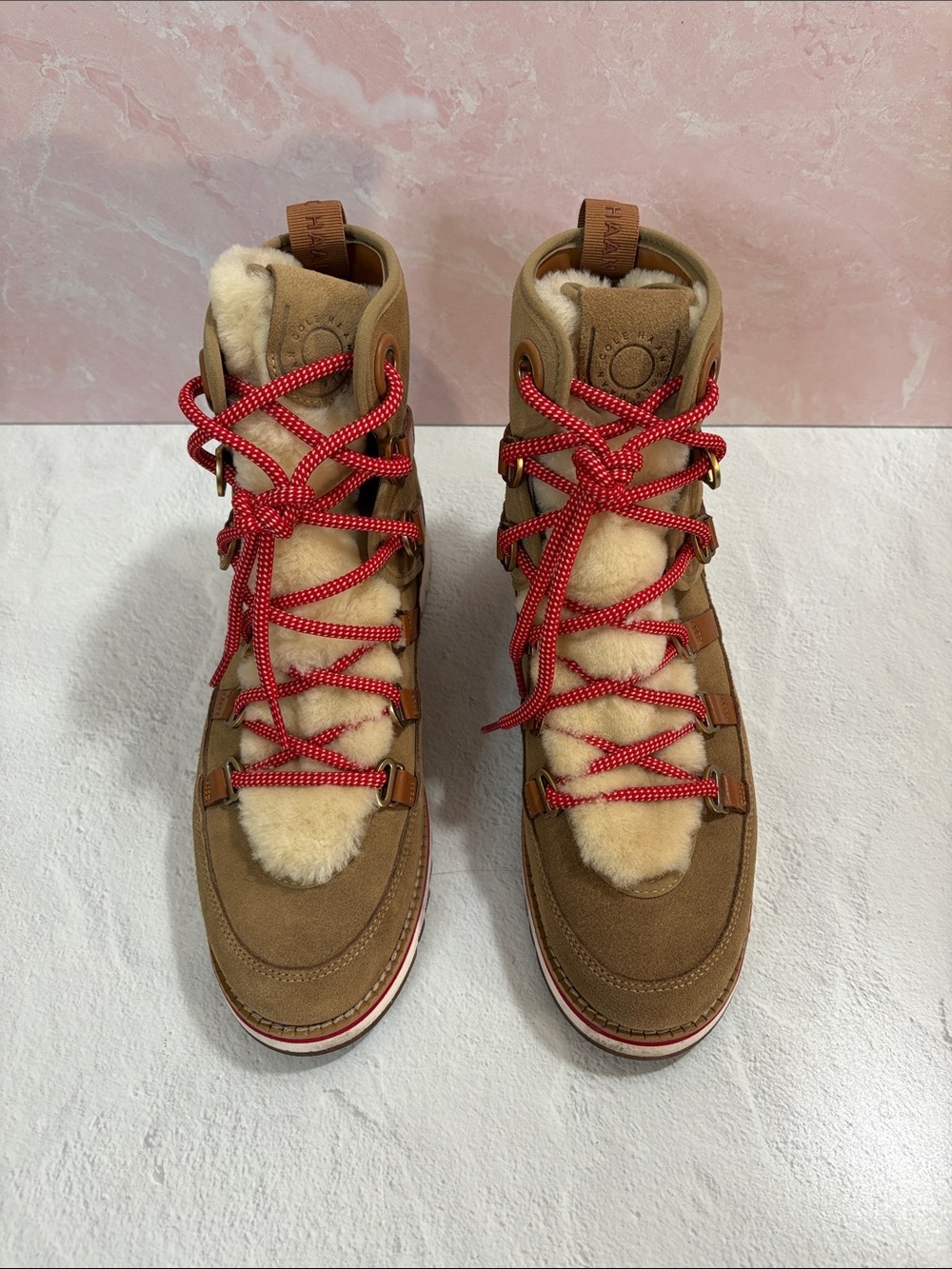 Cole Haan Tan Suede Shearling-Trim Winter Hiker Boots with Red Laces